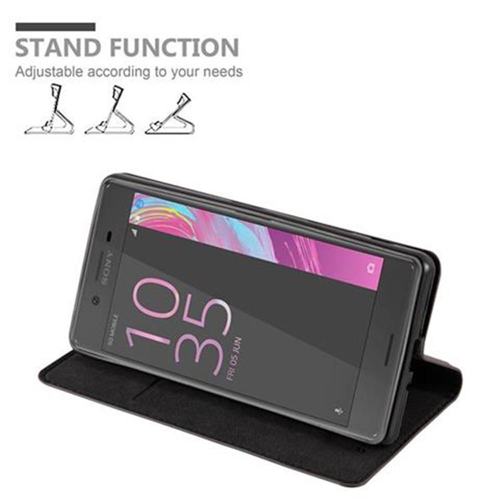 Smartphone Sony in una custodia nera che funge da supporto.