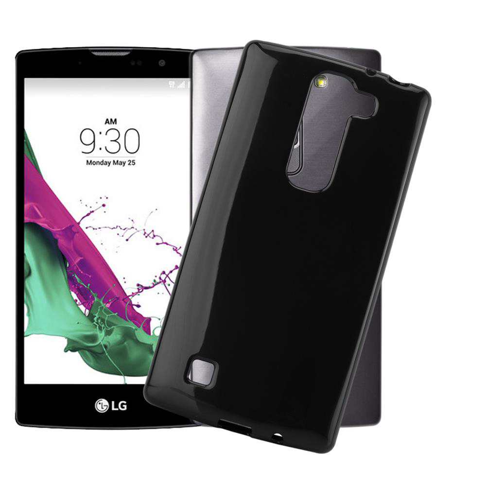 Una custodia nera per telefono davanti a uno smartphone LG argentato con grafica colorata.
