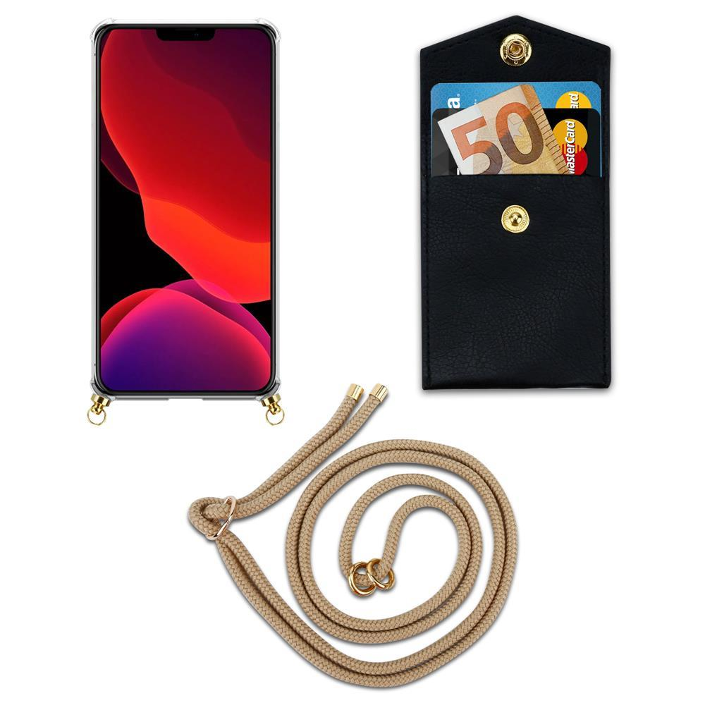 Uno smartphone in custodia, una tasca nera con soldi e carte e un cordino beige.