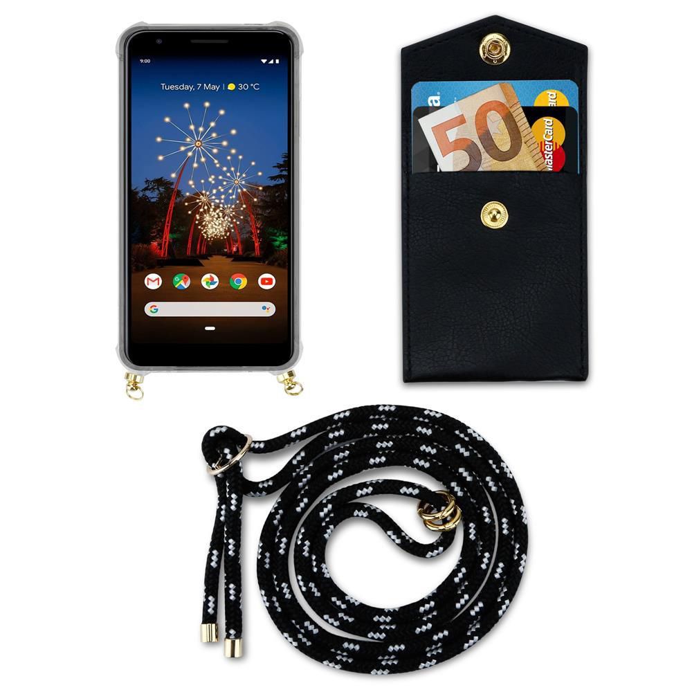 Smartphone mit schwarzer Hülle, Geldbörse mit Karten und Geld, Lanyard.