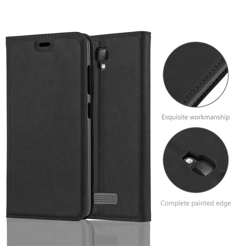 Funda negra para teléfono con tapa y primeros planos de costuras y cámara.