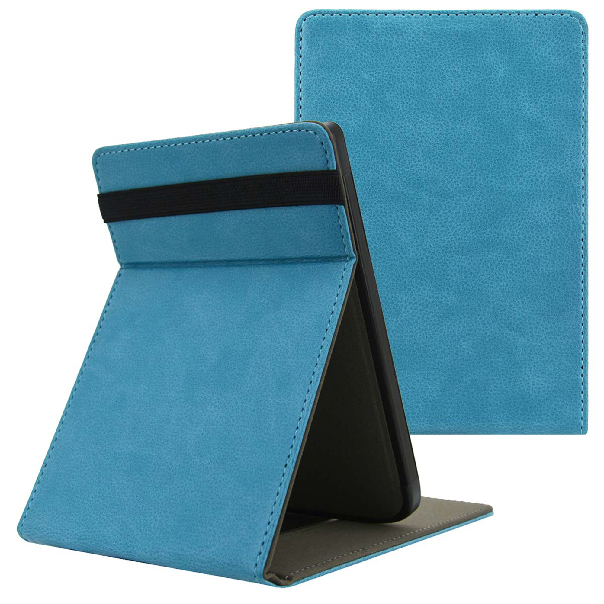 Un support de tablette bleu en position ouverte sur fond blanc.