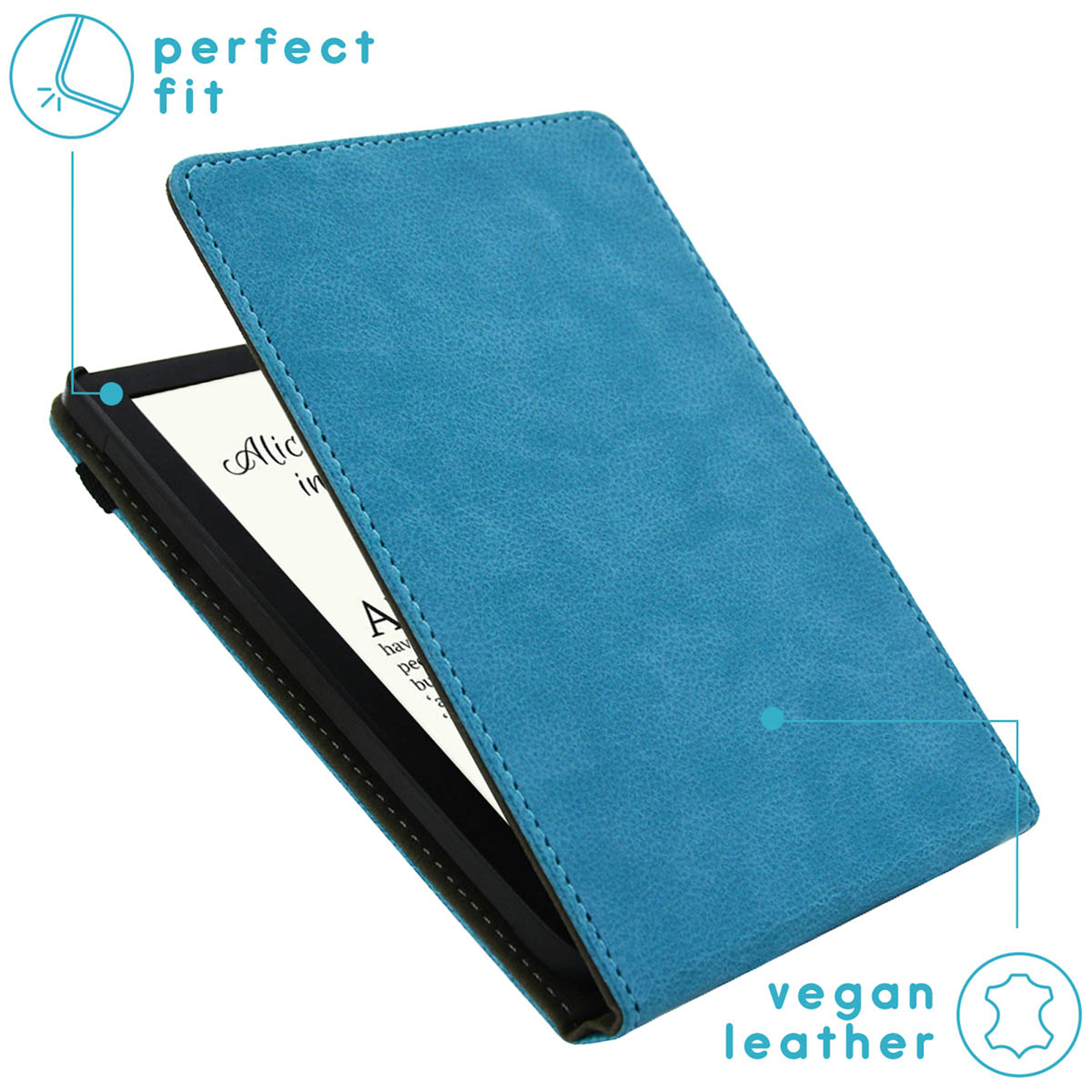 Étui bleu en cuir vegan pour liseuse ouvert, montrant du texte.