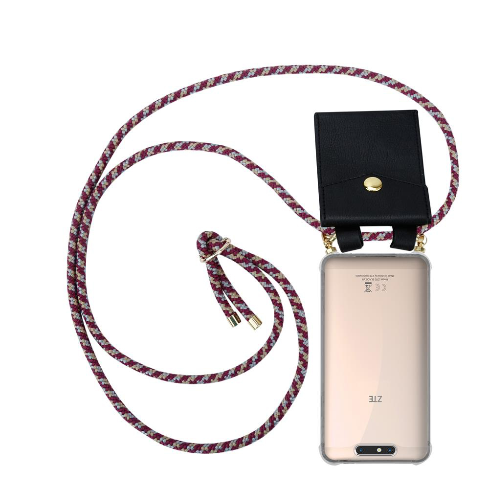 Transparente Handyhülle mit Kordel, schwarzer Tasche und goldenem Knopf.