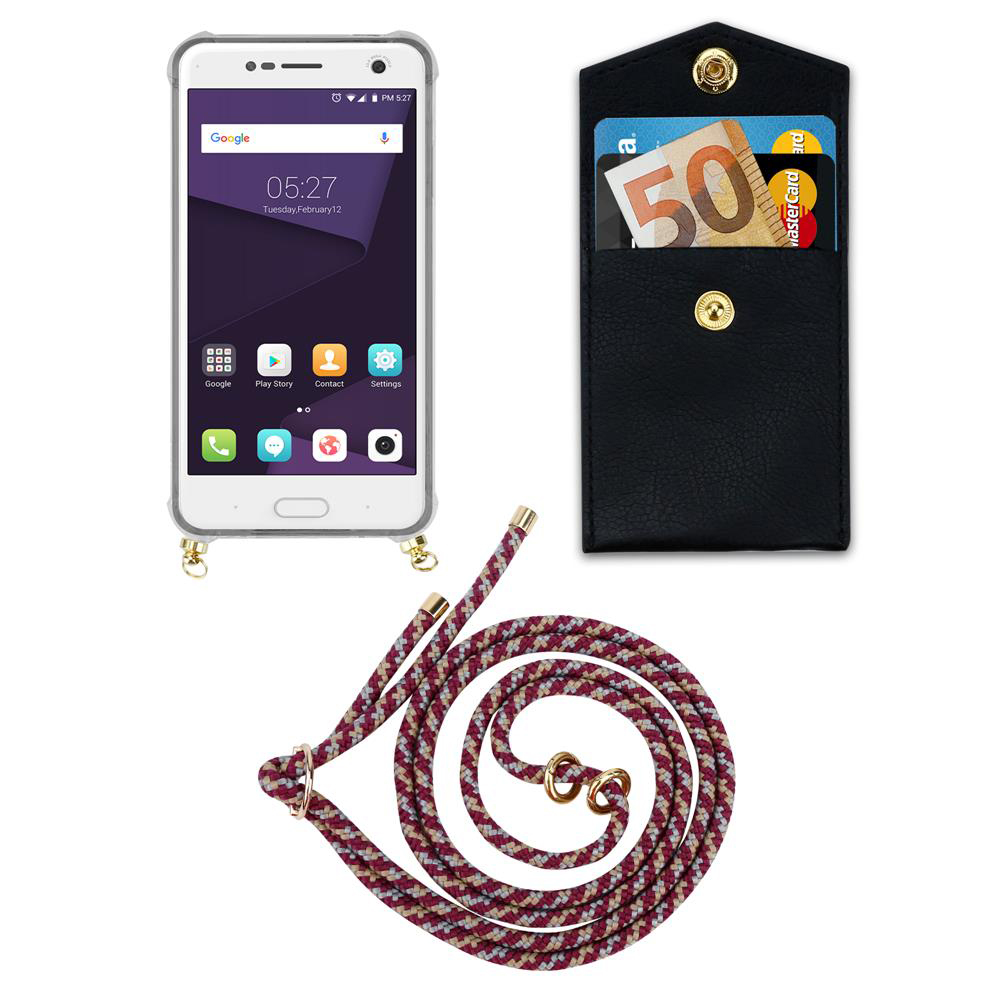 Smartphone mit schwarzer Tasche, Geld und Karten, sowie einer Kordel.