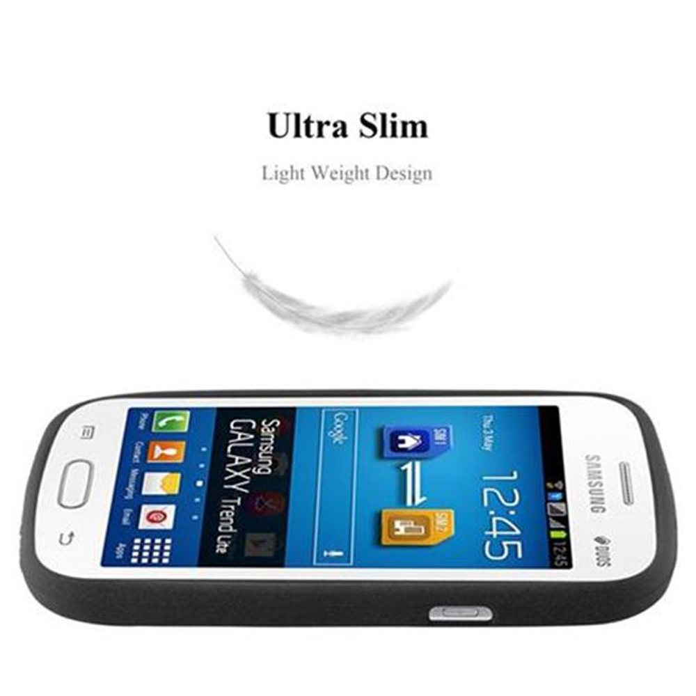 Teléfono inteligente Samsung Galaxy Trend Lite delgado en funda negra.