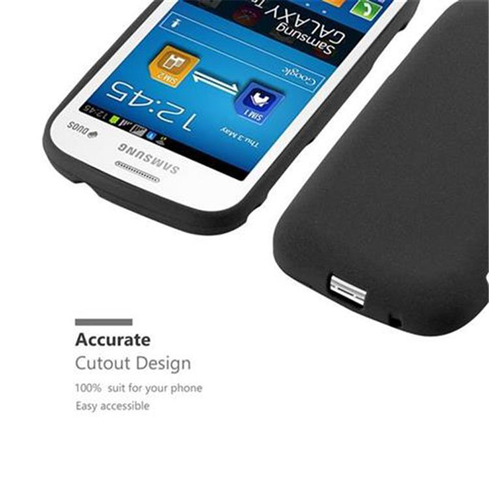 Funda negra junto a un teléfono Samsung Galaxy mostrando las 12:45 en pantalla.