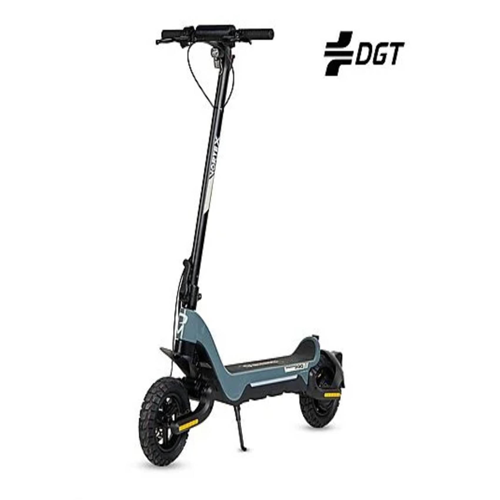 Un patinete eléctrico gris con ruedas grandes y logo DGT.