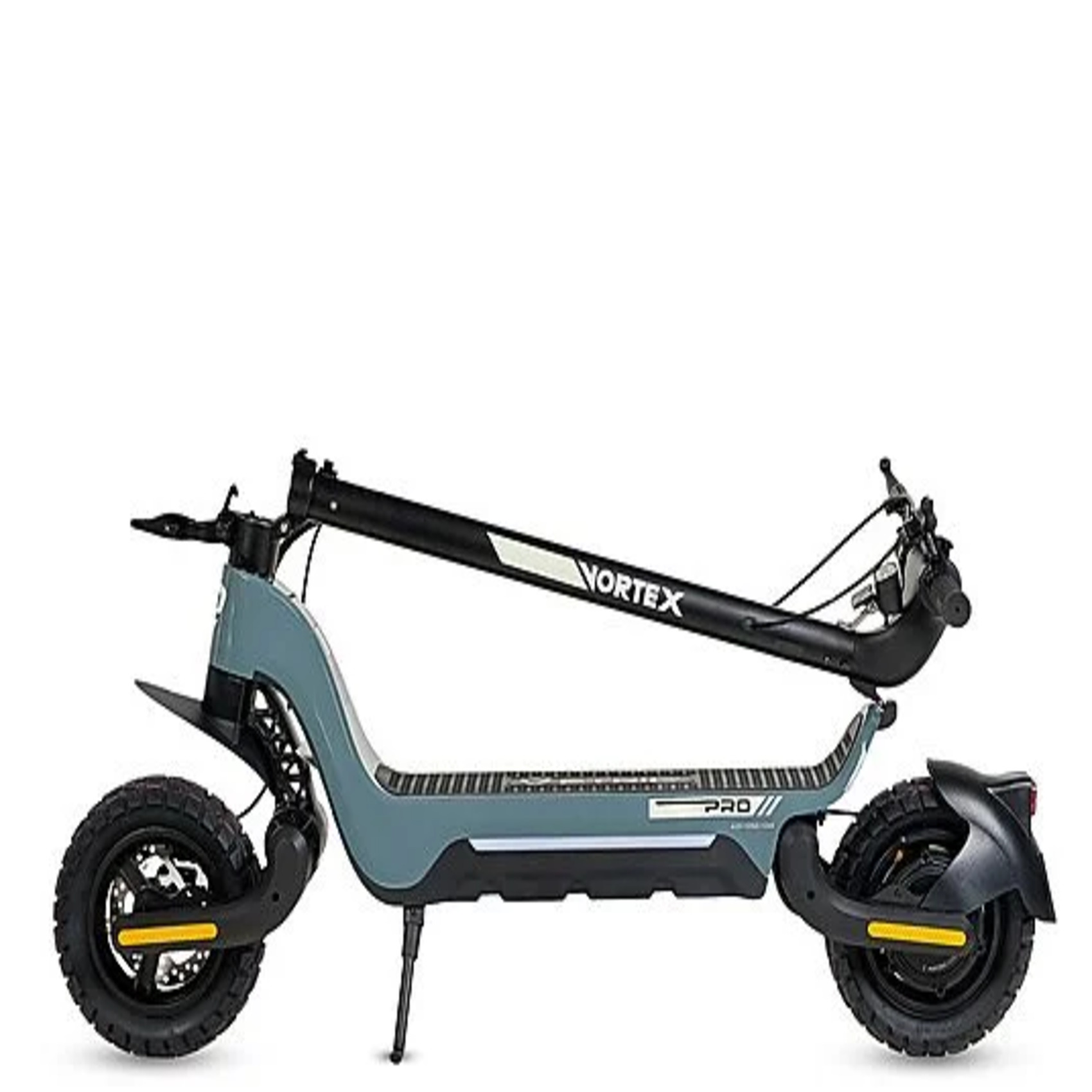 Patinete eléctrico gris con manillar y ruedas negras.