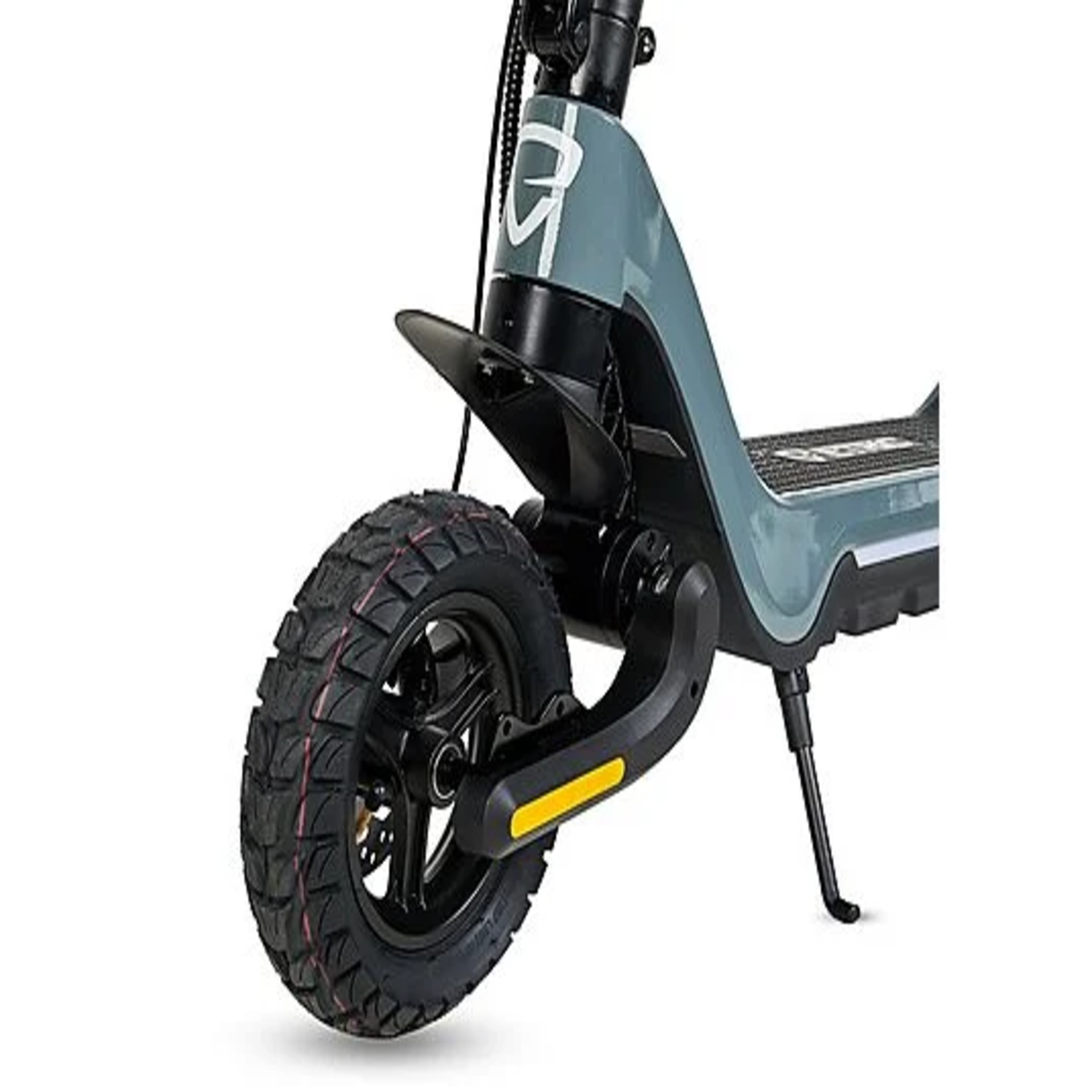 Rueda delantera de patinete eléctrico gris con neumático negro y reflector amarillo.