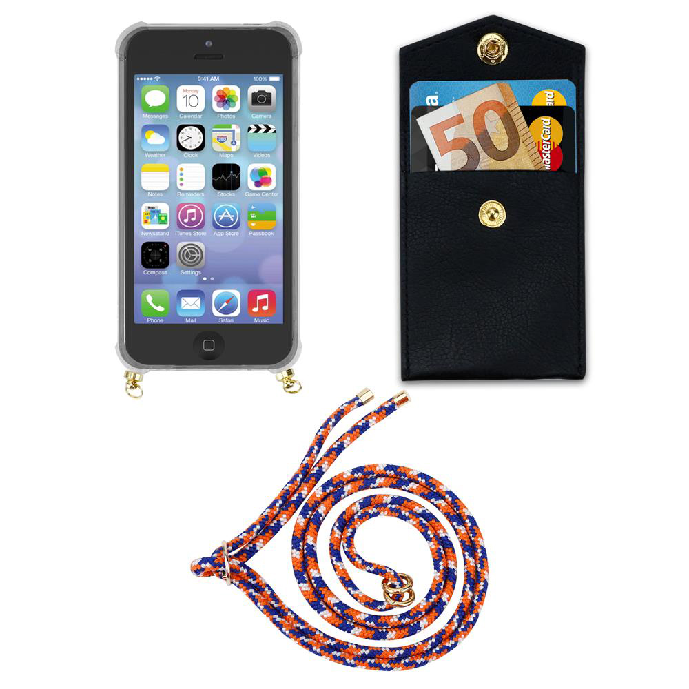 Uno smartphone, una custodia nera con carte e denaro, e un cordino.