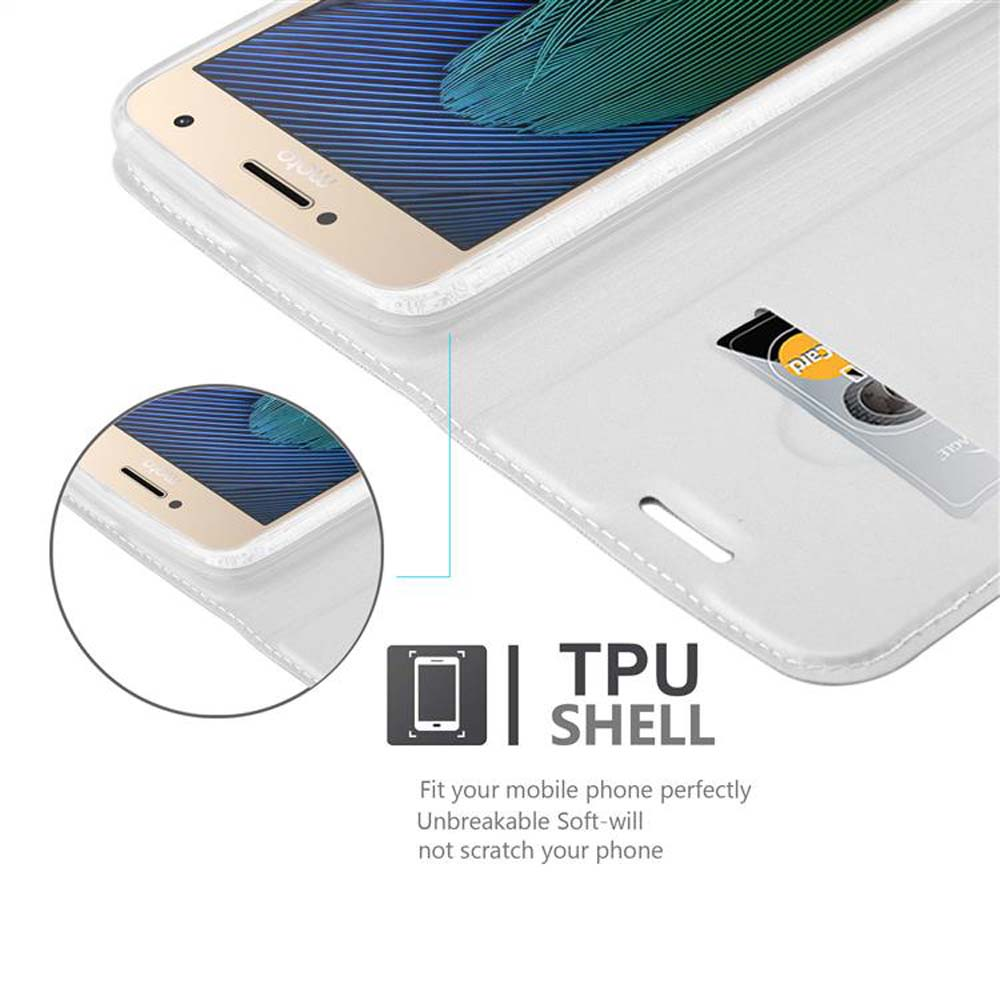 Uno smartphone in una custodia bianca con slot per schede. Vista ravvicinata.