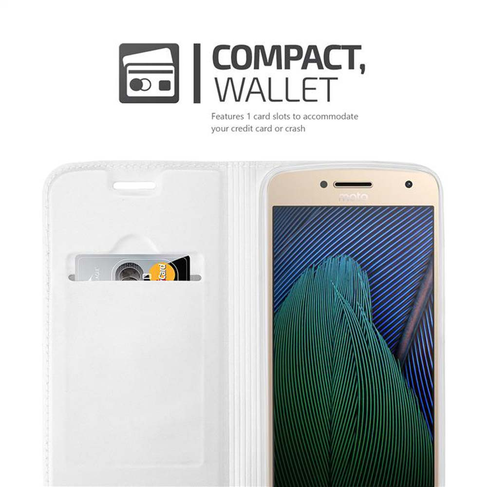 Custodia a portafoglio bianca con uno slot per carte e uno smartphone.