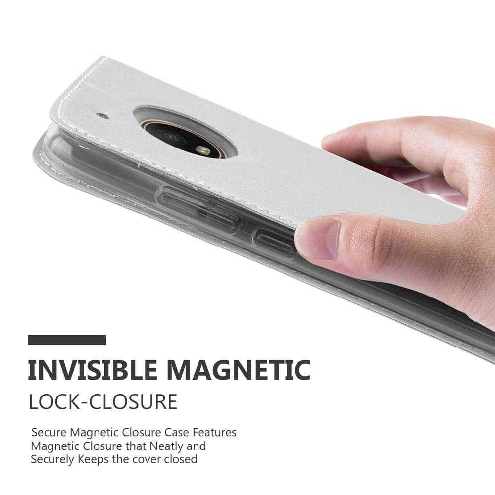Custodia bianca per telefono con chiusura magnetica tenuta da una mano.