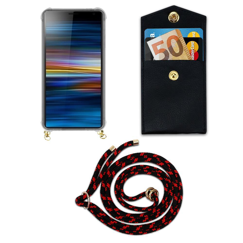 Ein Smartphone mit Hülle, eine schwarze Brieftasche mit Geld und Karten, und eine Schnur.