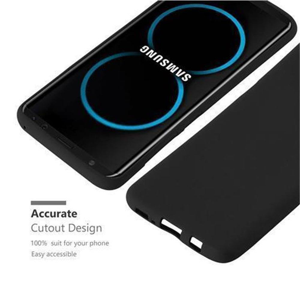 Custodia nera accanto a un Samsung con cerchi blu.