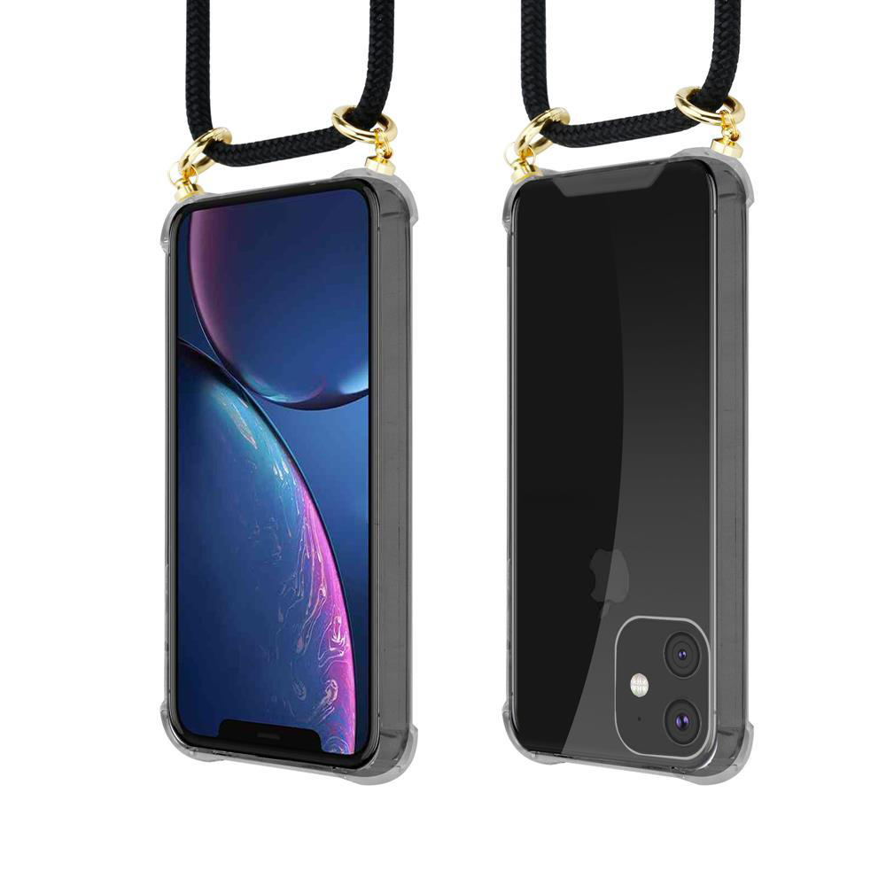 Due smartphone in custodie trasparenti con laccetti neri, sfondo bianco