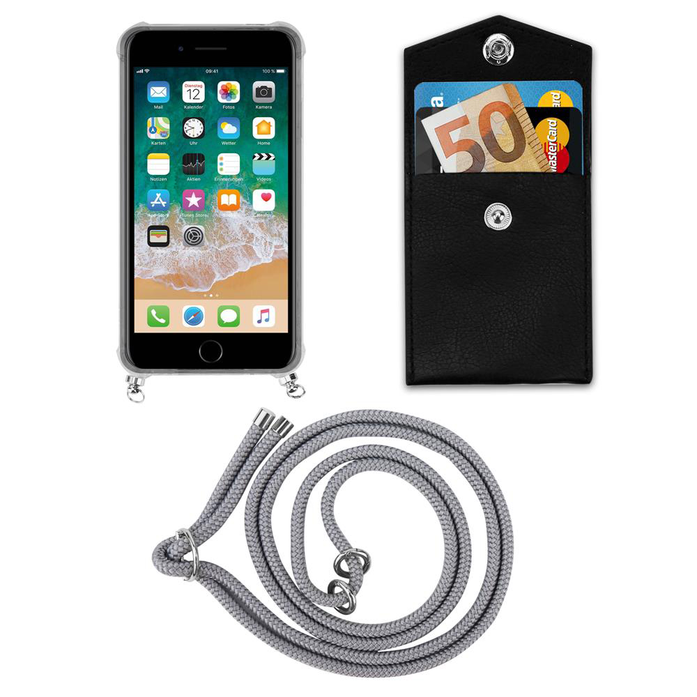 Uno smartphone in custodia, una tasca nera con soldi e carte, e un laccio grigio.