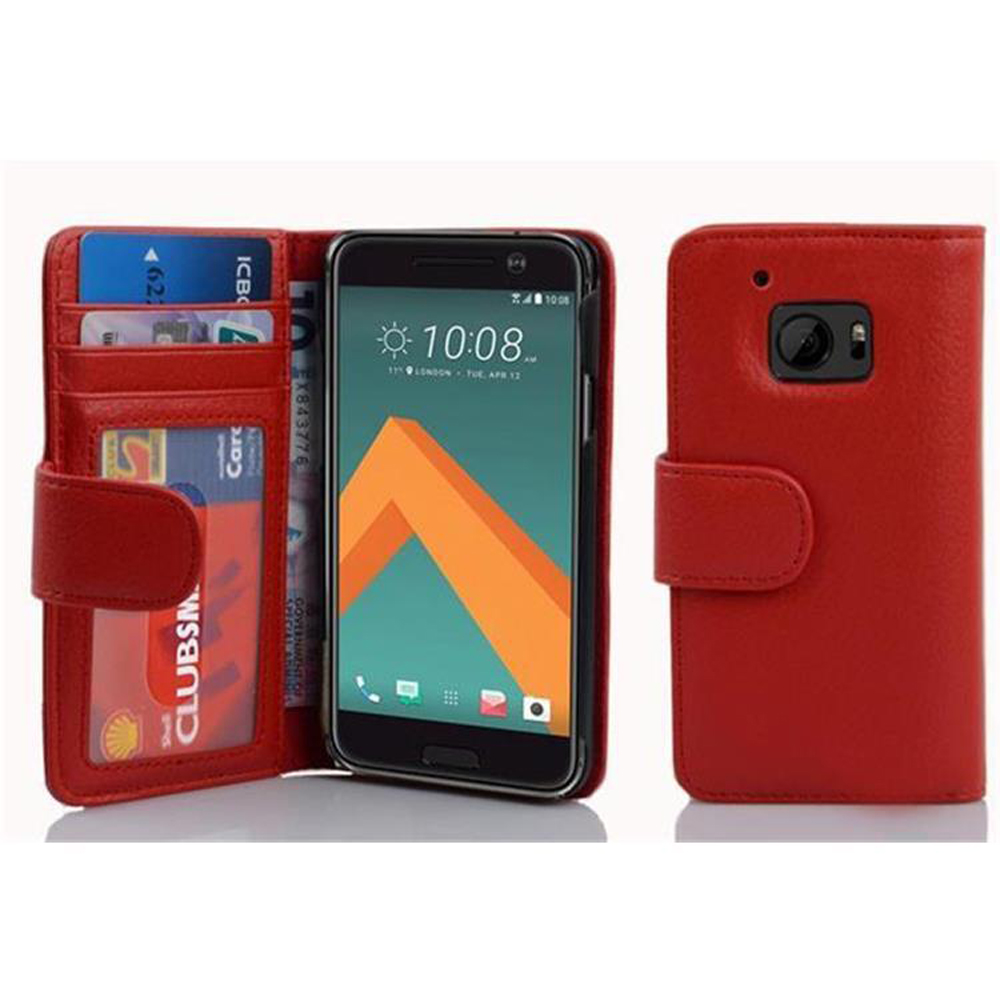 Portafoglio in pelle rossa con smartphone e carte.
