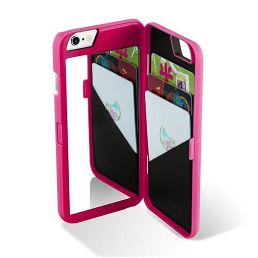Una custodia rosa per telefono con slot per carte e carte.