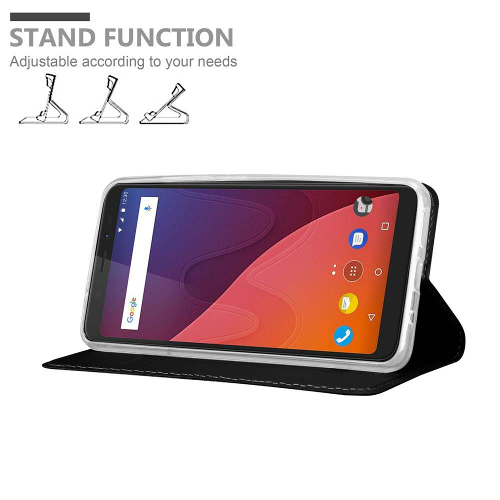 Uno smartphone in una custodia nera che funge da supporto, con tre icone sopra.
