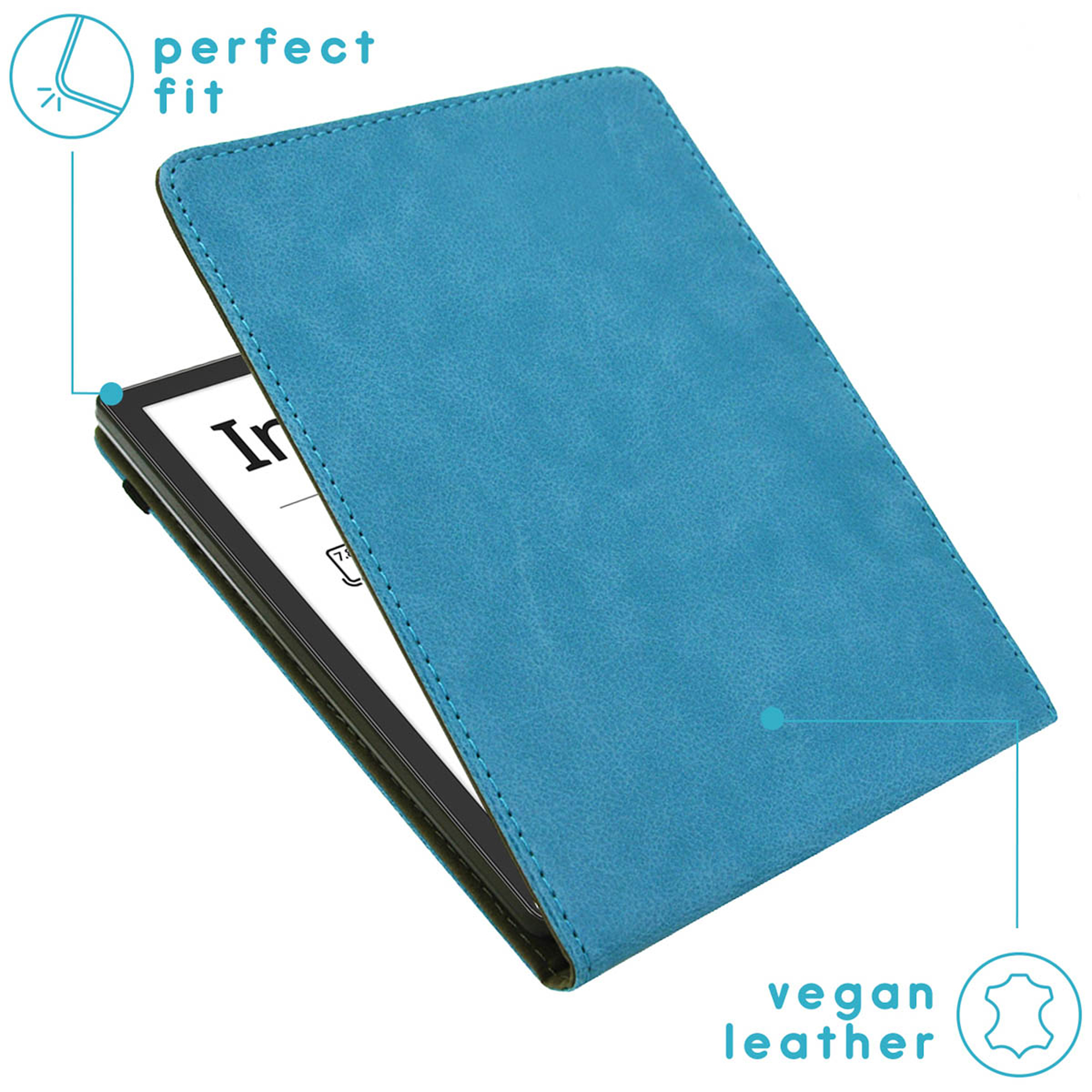Étui bleu en cuir vegan pour liseuse avec indicateur "ajustement parfait".