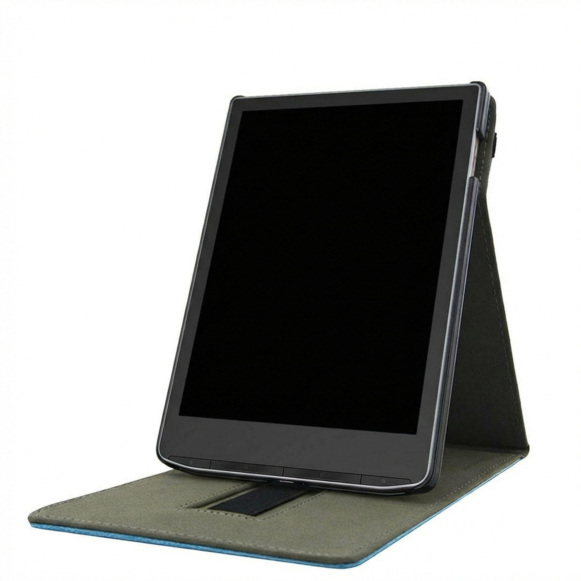 Une tablette noire dans un étui vert foncé debout avec des bords bleus.