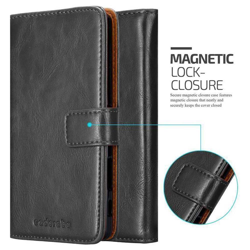 Viene mostrata una custodia a portafoglio in pelle grigio scuro con chiusura magnetica.