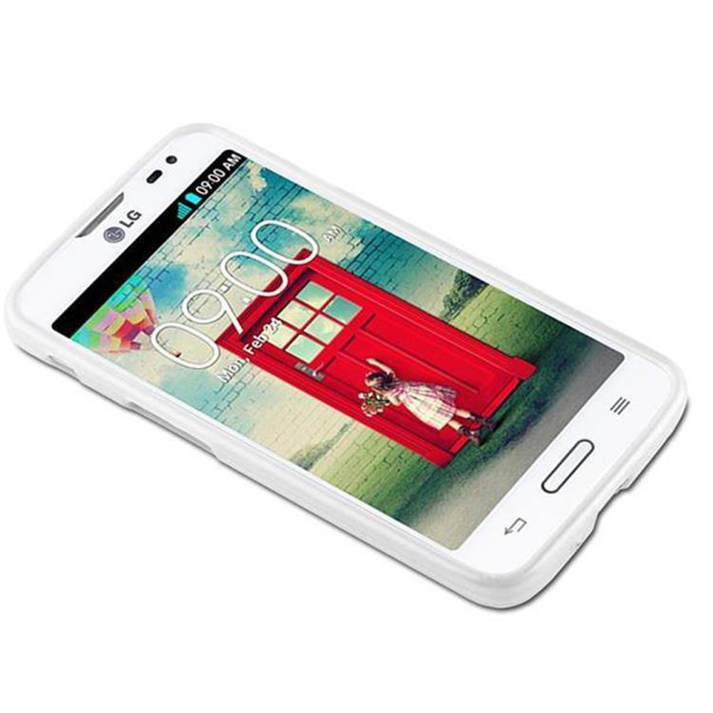 Uno smartphone bianco che visualizza uno sfondo di cabina telefonica rossa.