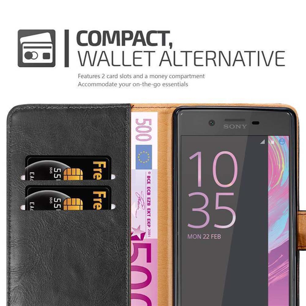 Un telefono Sony in un portafoglio con slot per carte e banconote in euro.