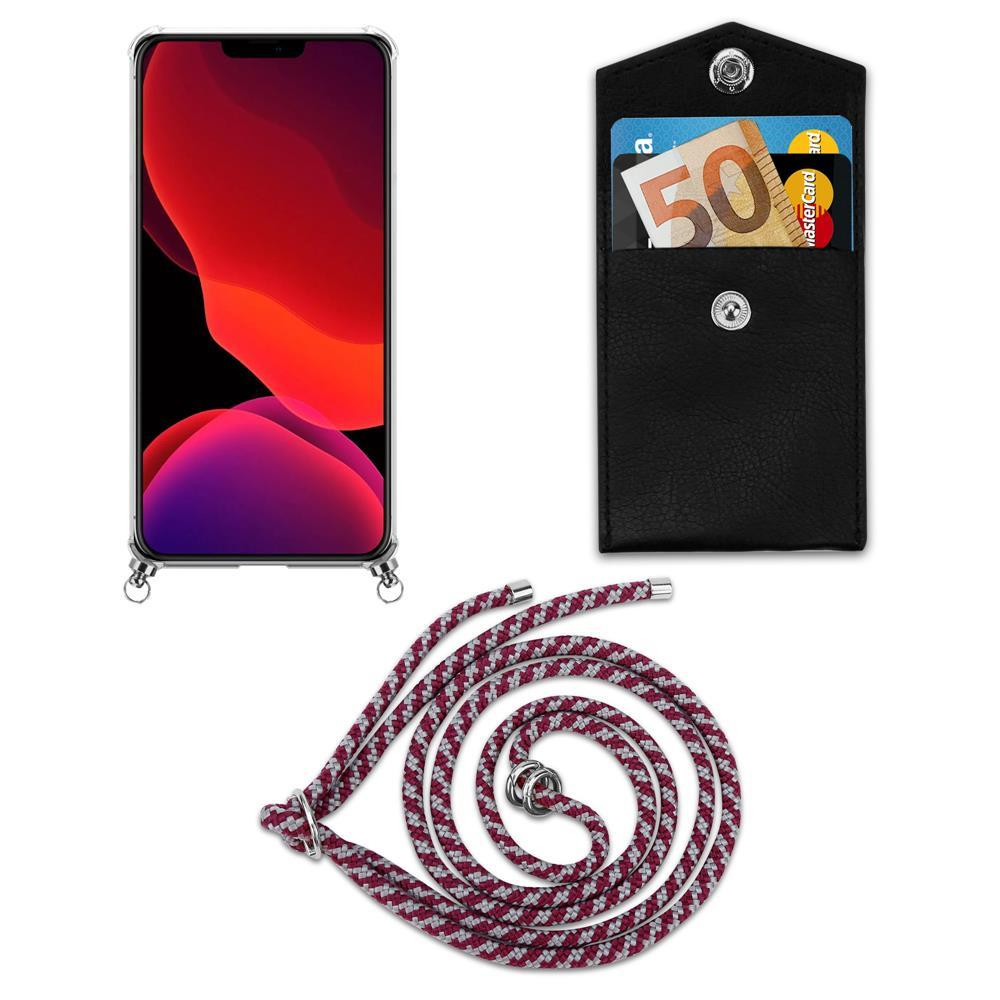 Uno smartphone con sfondo rosso, una tasca nera con soldi e carte, e un cordone.