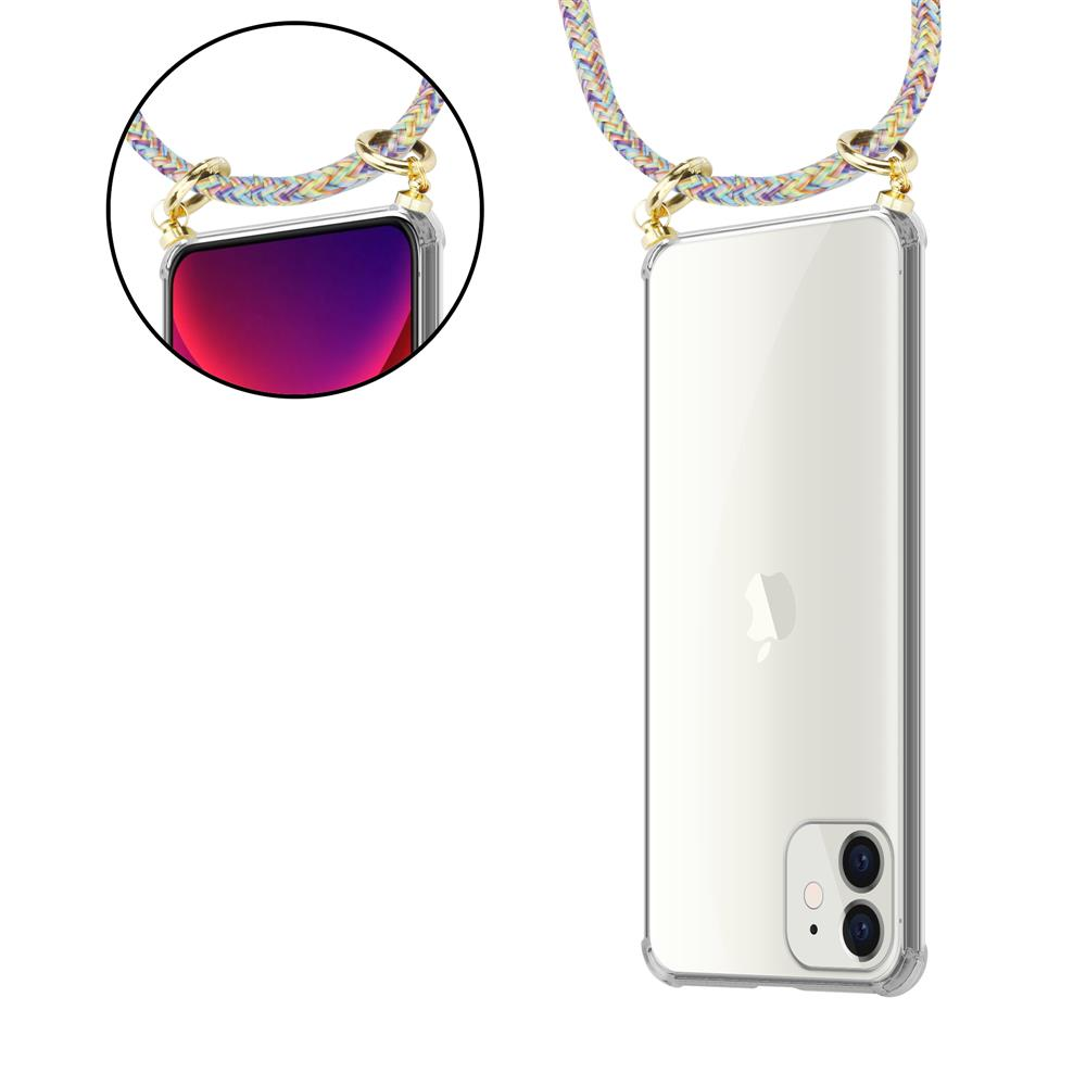 Un telefono trasparente con cordino colorato e connettori dorati.