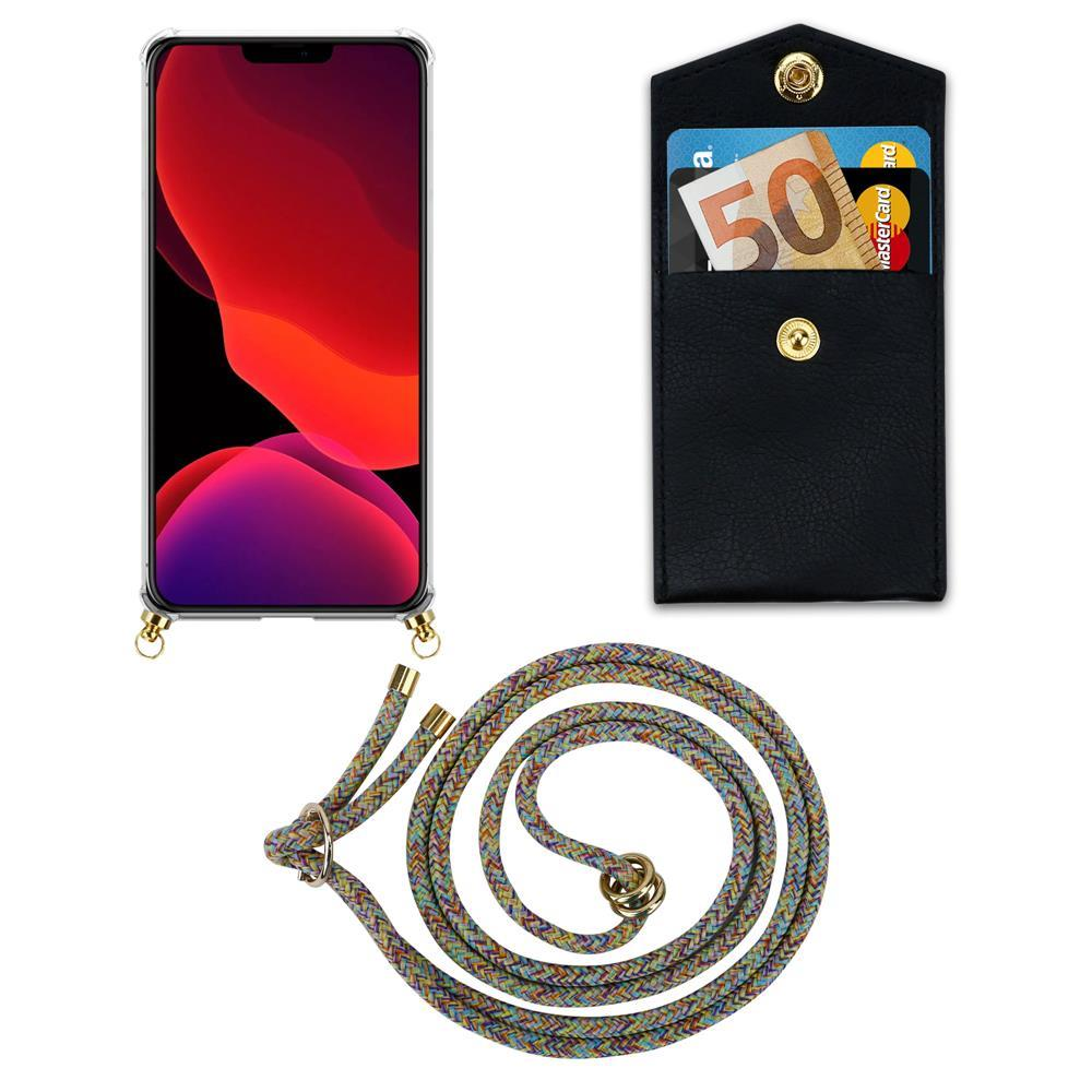 Uno smartphone in custodia, un portafoglio nero con soldi e carte, e un cordino colorato.