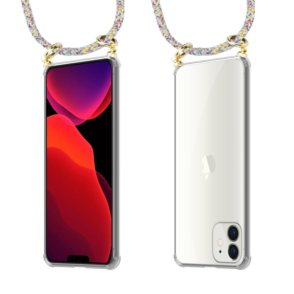 Custodia trasparente per telefono con cordino colorato, viste frontale e posteriore.