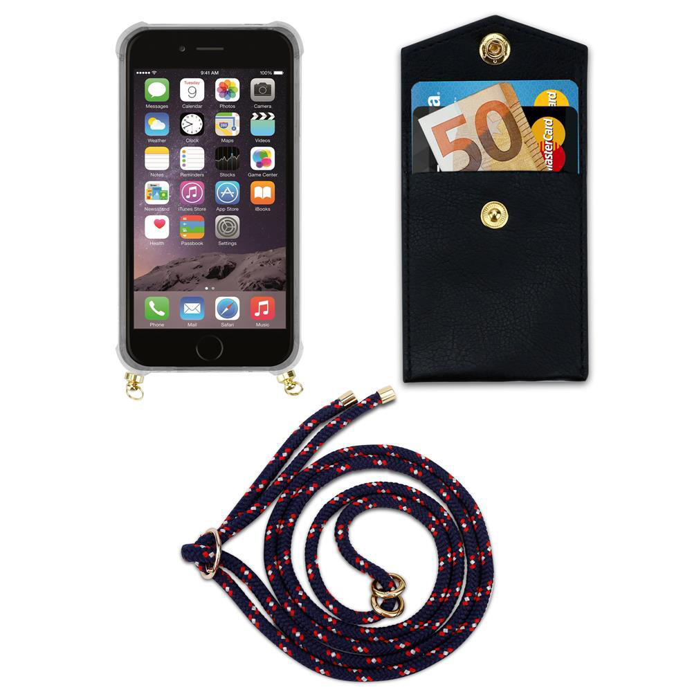 iPhone con custodia, portafoglio nero con carte e contanti, e cordino di corda.