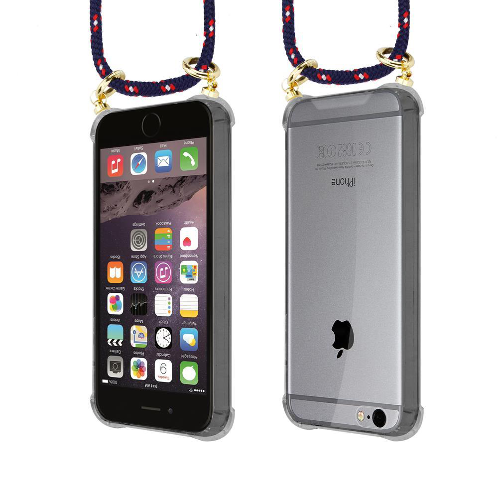 Un iPhone in custodia trasparente con cinturino blu e rosso, vista frontale e posteriore.