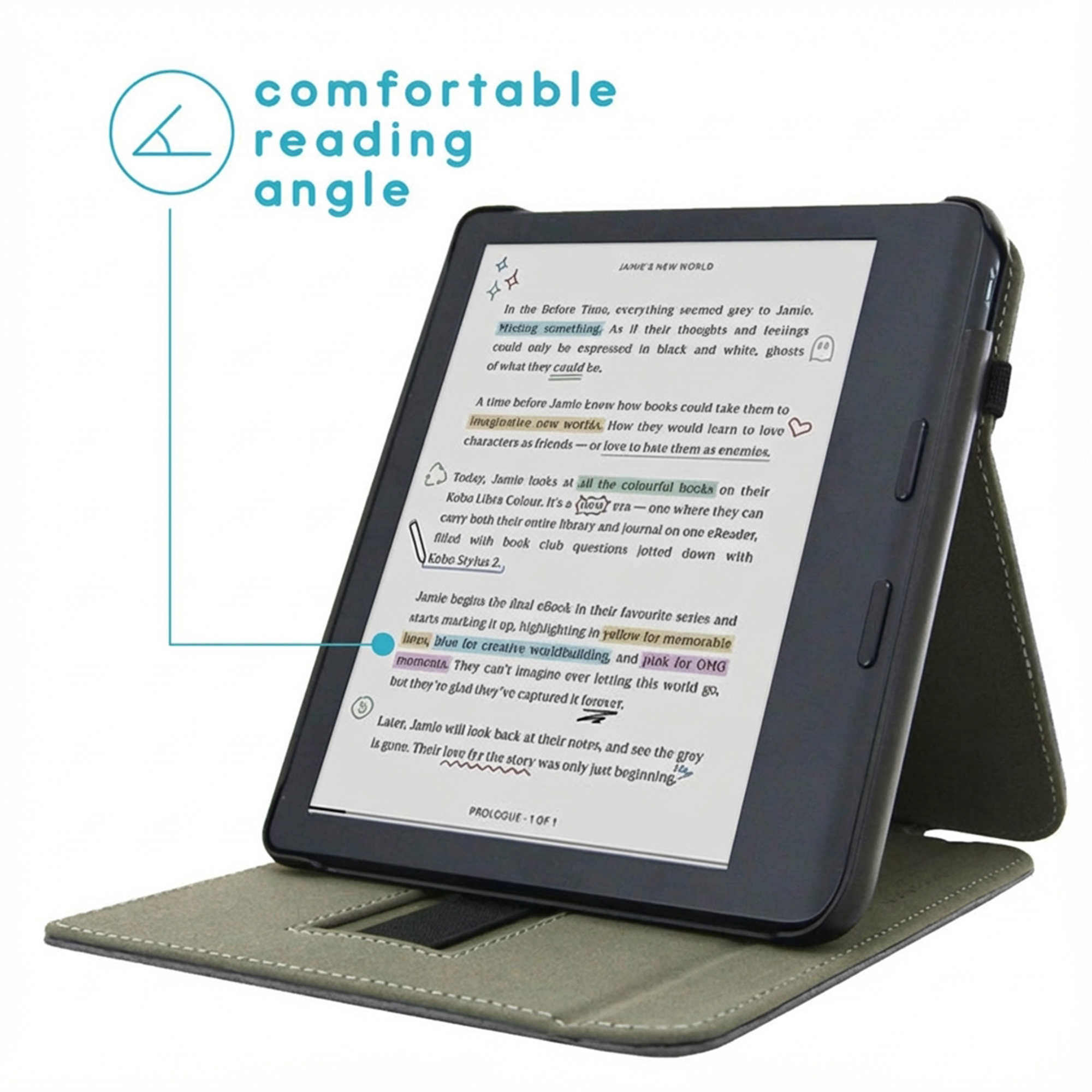 Een e-reader met een groene standaard toont tekst met gekleurde highlights en iconen.