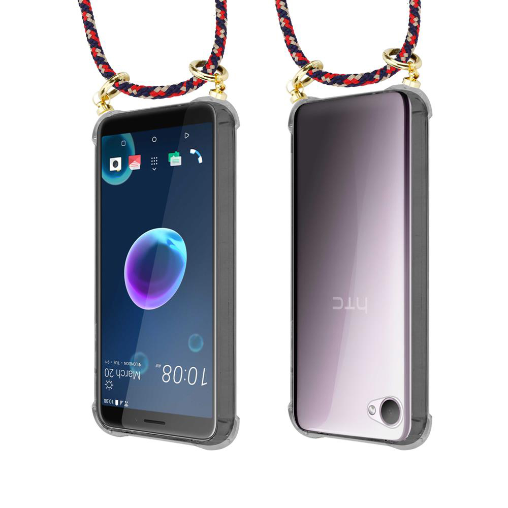 Zwei Handys in transparenten Hüllen, vorne mit Display, hinten mit HTC-Logo.