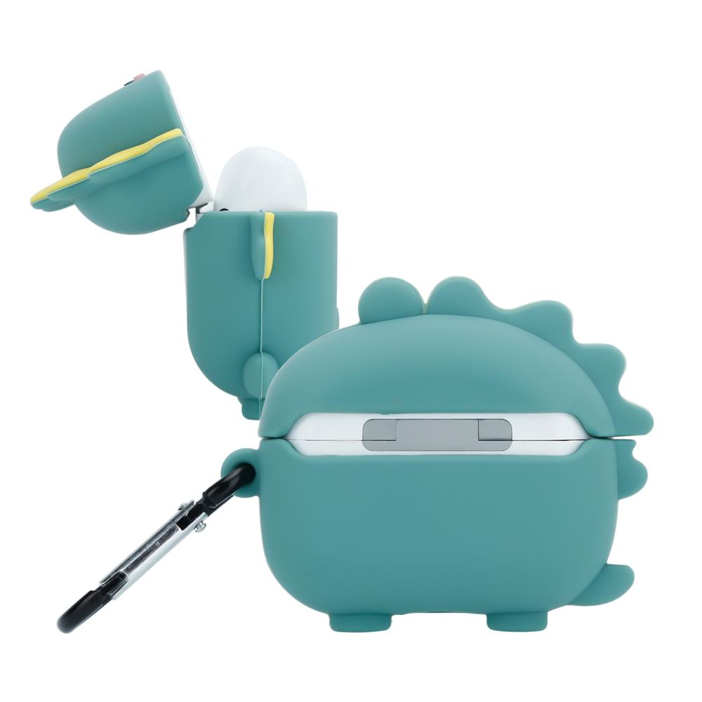 Ein türkisfarbener Dinosaurier-Airpod-Hülle mit Karabinerhaken und offenem Deckel.