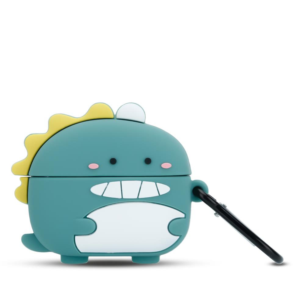 Ein grüner Dinosaurier-Kopfhörer-Etui mit gelben Stacheln und einem weißen Bauch.