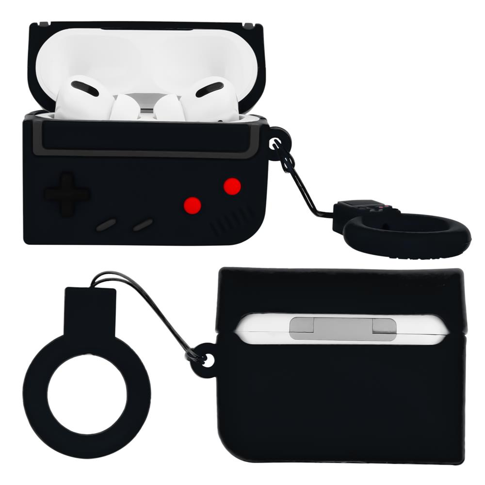 Schwarzes AirPod-Pro-Etui im Retro-Gameboy-Design mit weißen AirPods.