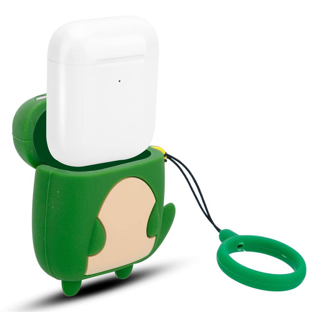 Grüner Frosch-Airpod-Hülle mit weißem Ladecase und Trageband.