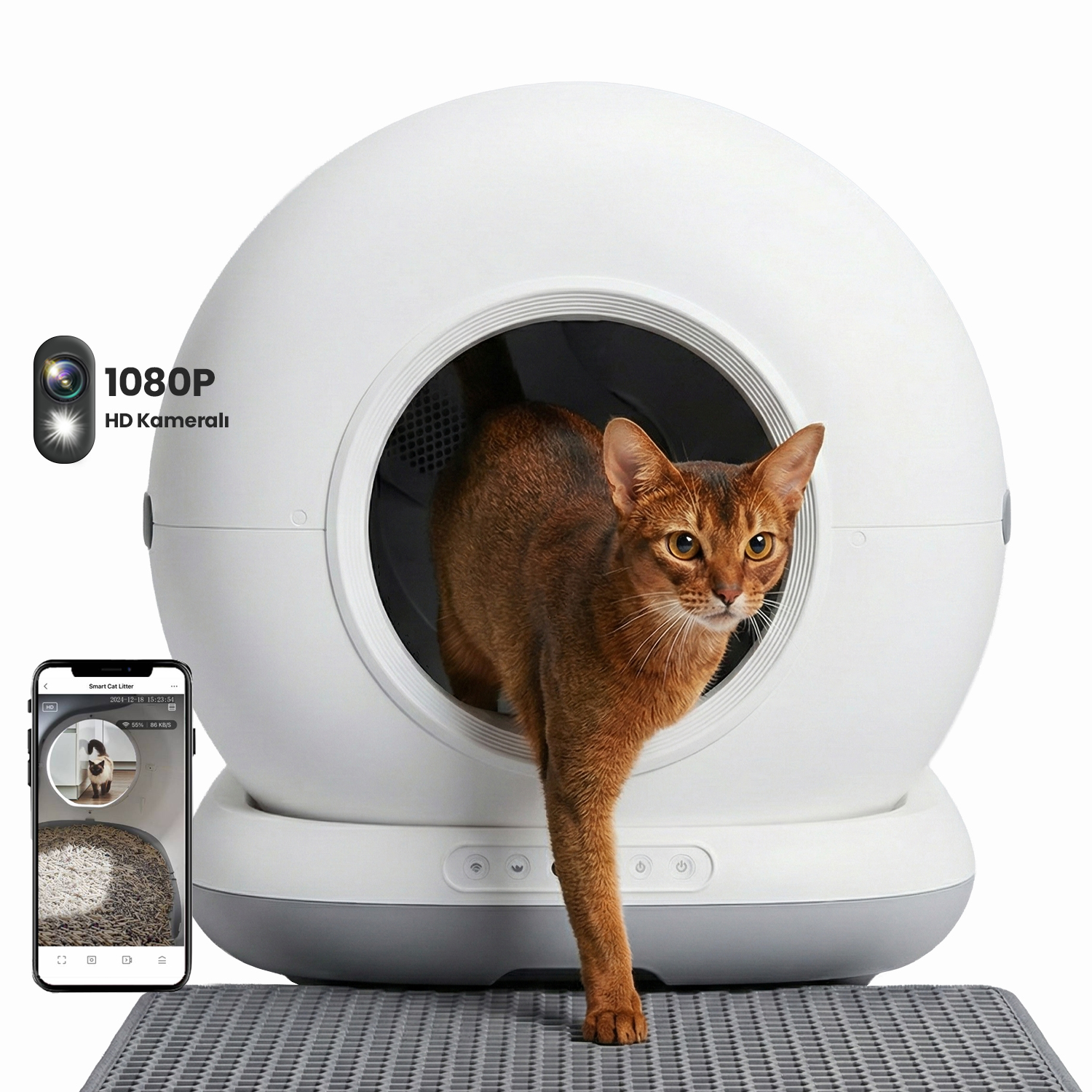 Kahverengi bir kedi, yuvarlak beyaz otomatik bir kedi tuvaletinden çıkıyor.