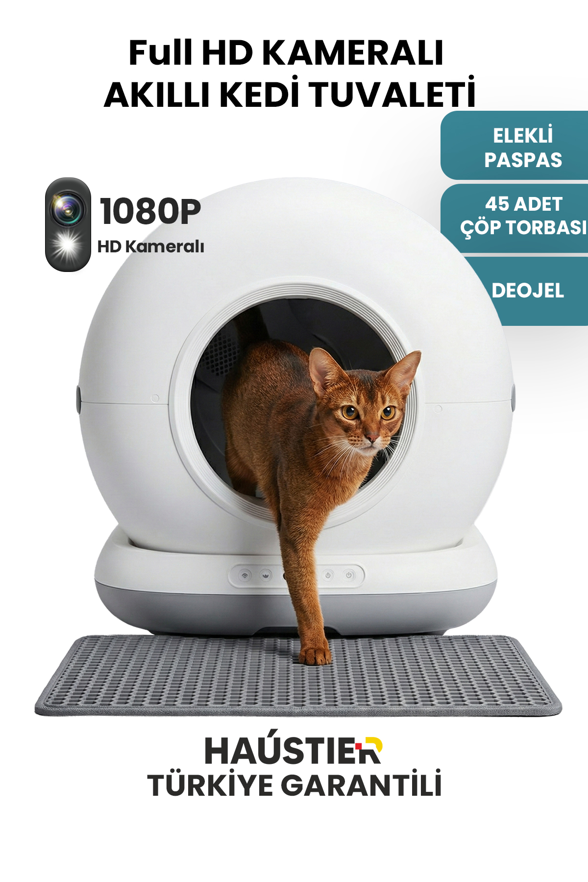 Kahverengi bir kedi, 1080p HD kameralı beyaz, yuvarlak bir kedi tuvaletinden çıkıyor.