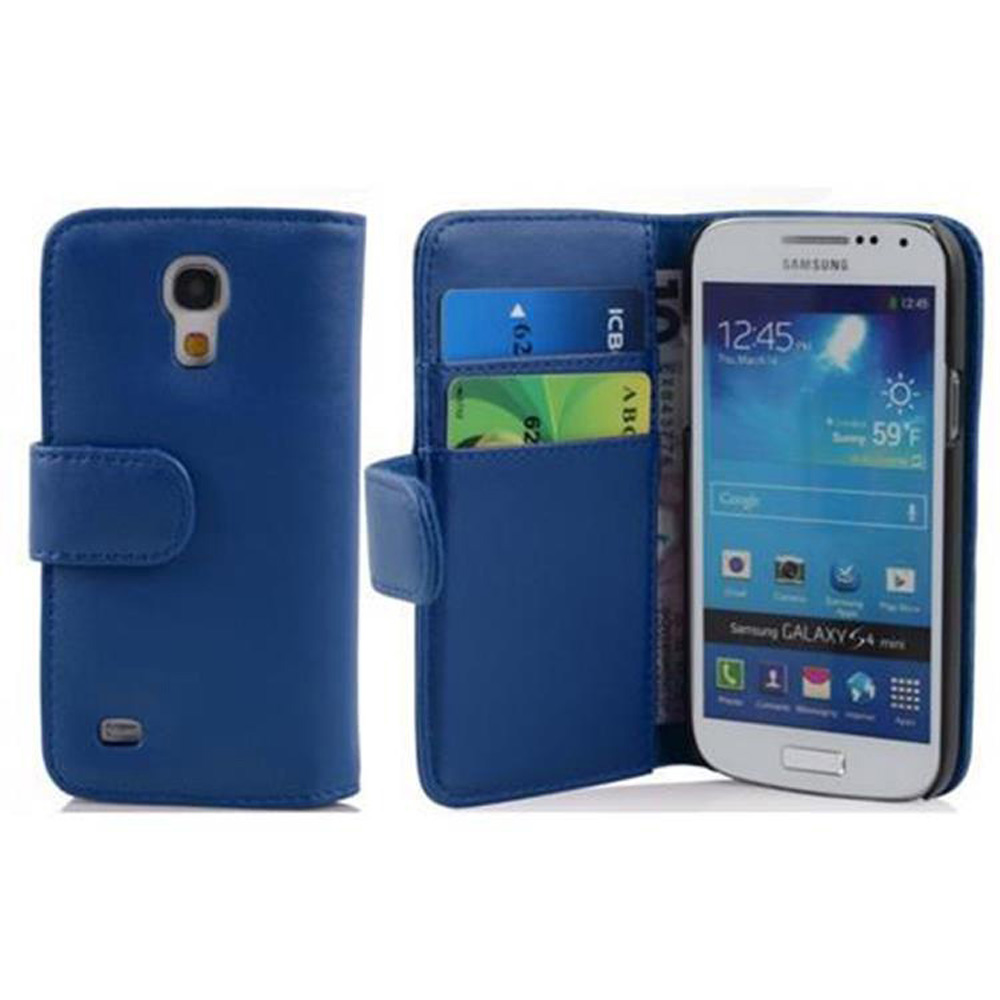 Ein blaues Smartphone-Etui mit Steckplätzen für Karten und einem weißen Telefon.