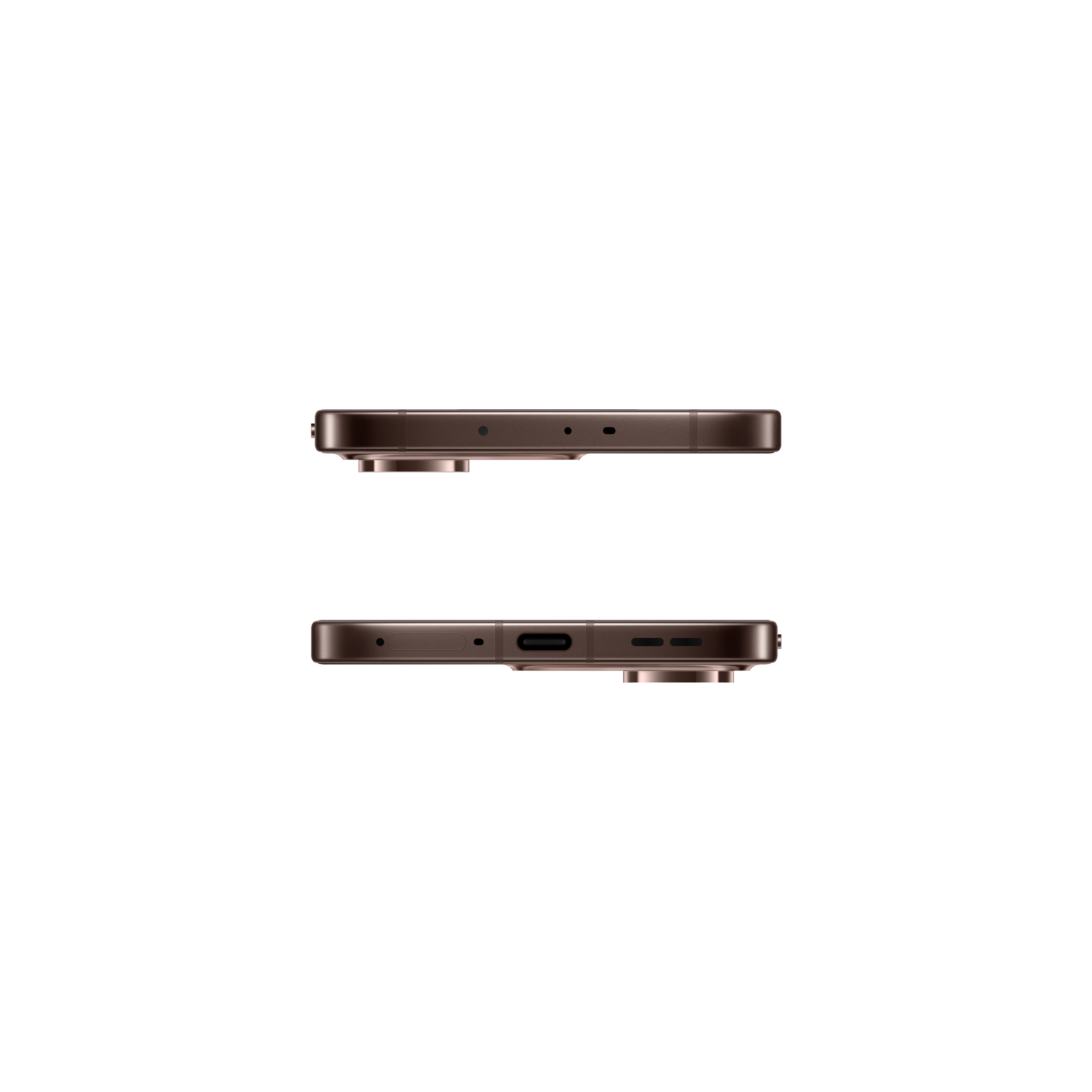 Smartphone marron avec port de chargement et grilles de haut-parleur.