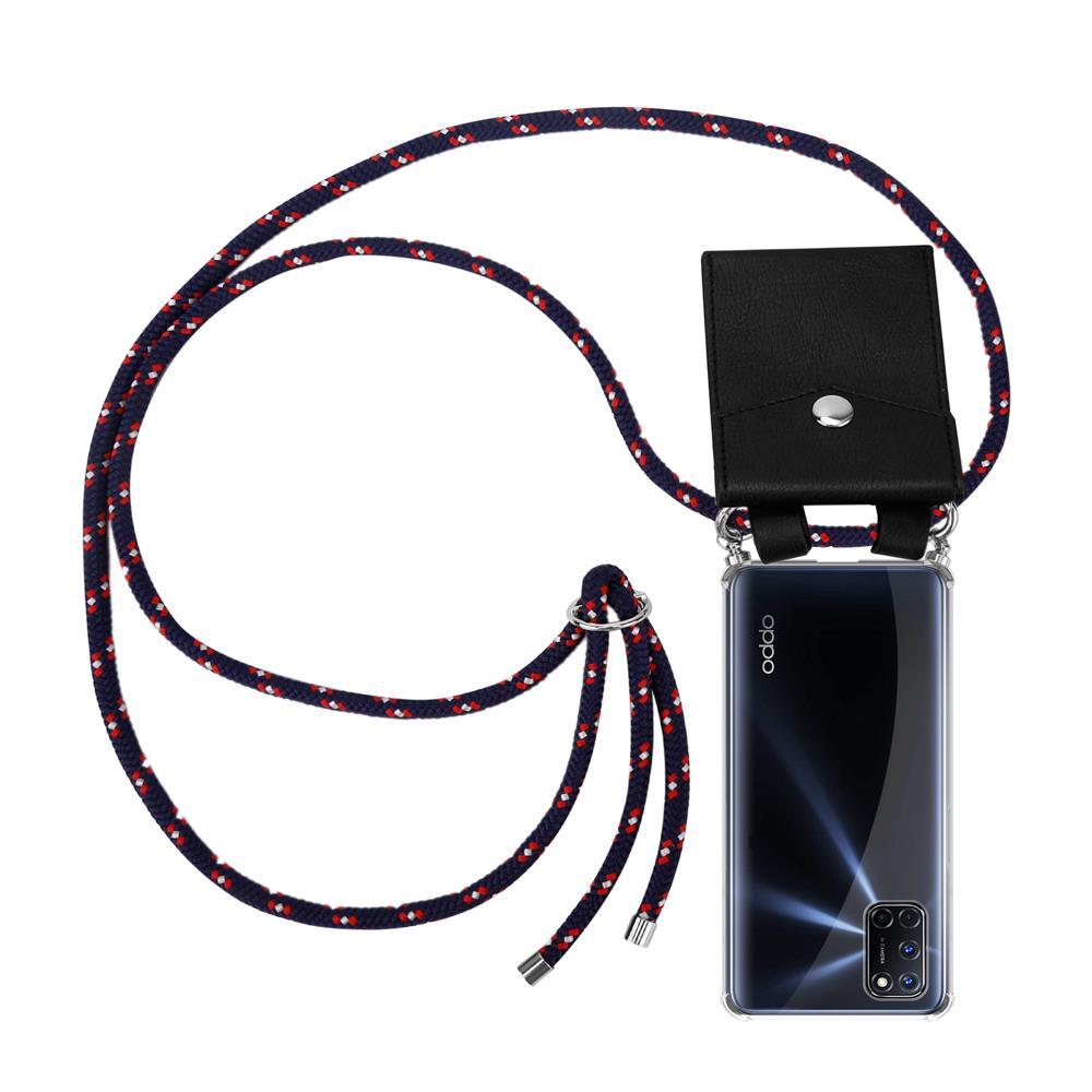 Ein schwarzes Handy mit einem Lanyard und einer Lederhalterschlaufe.