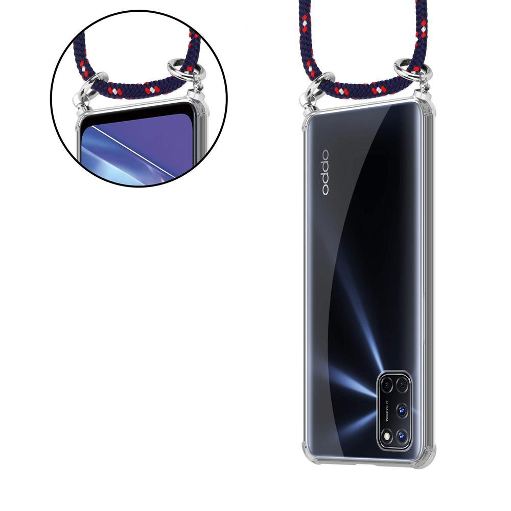 Ein OPPO-Smartphone in einer durchsichtigen Hülle mit einem Lanyard.