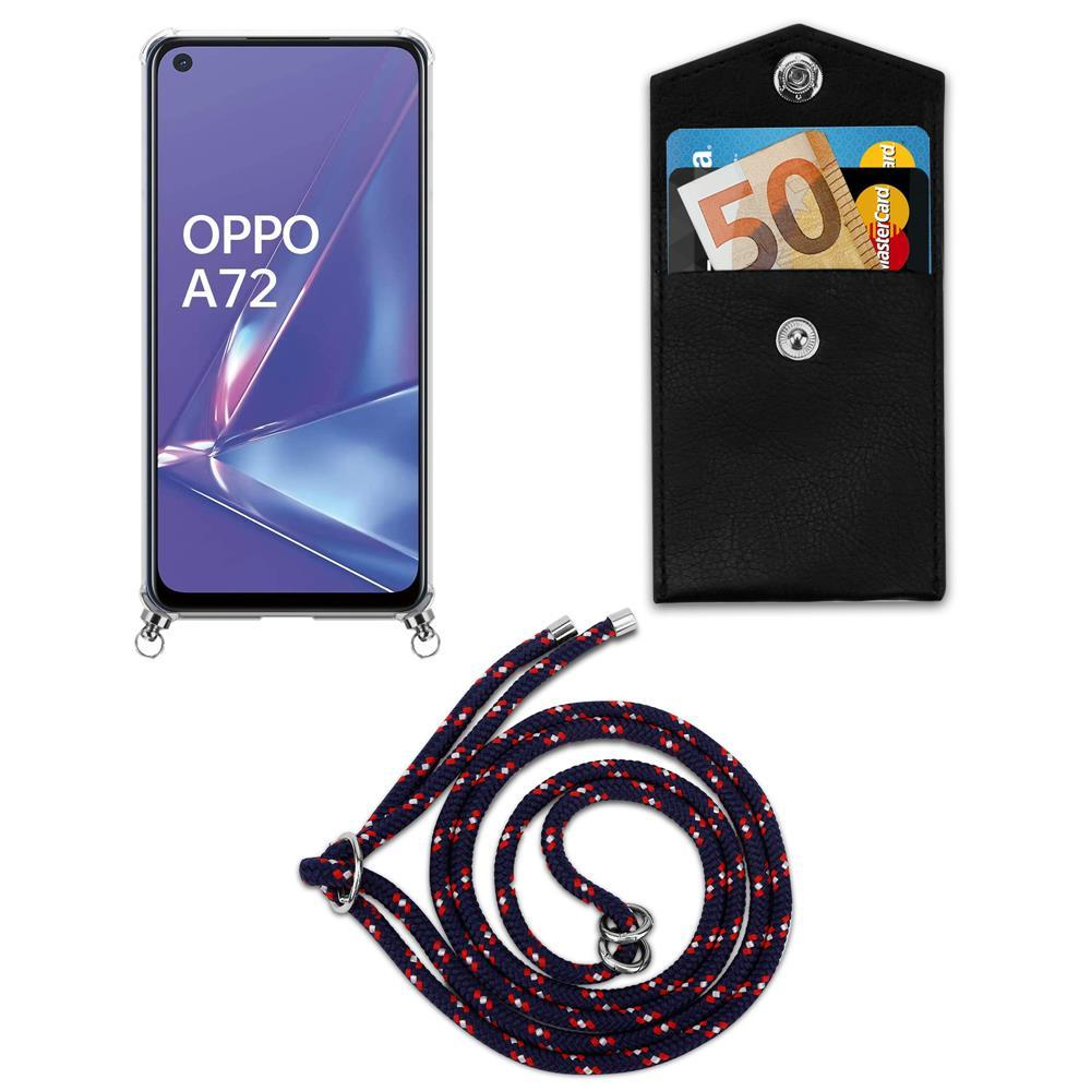 Ein Oppo A72 Smartphone, eine schwarze Tasche mit 50-Euro-Schein und Karte, und ein Lanyard.