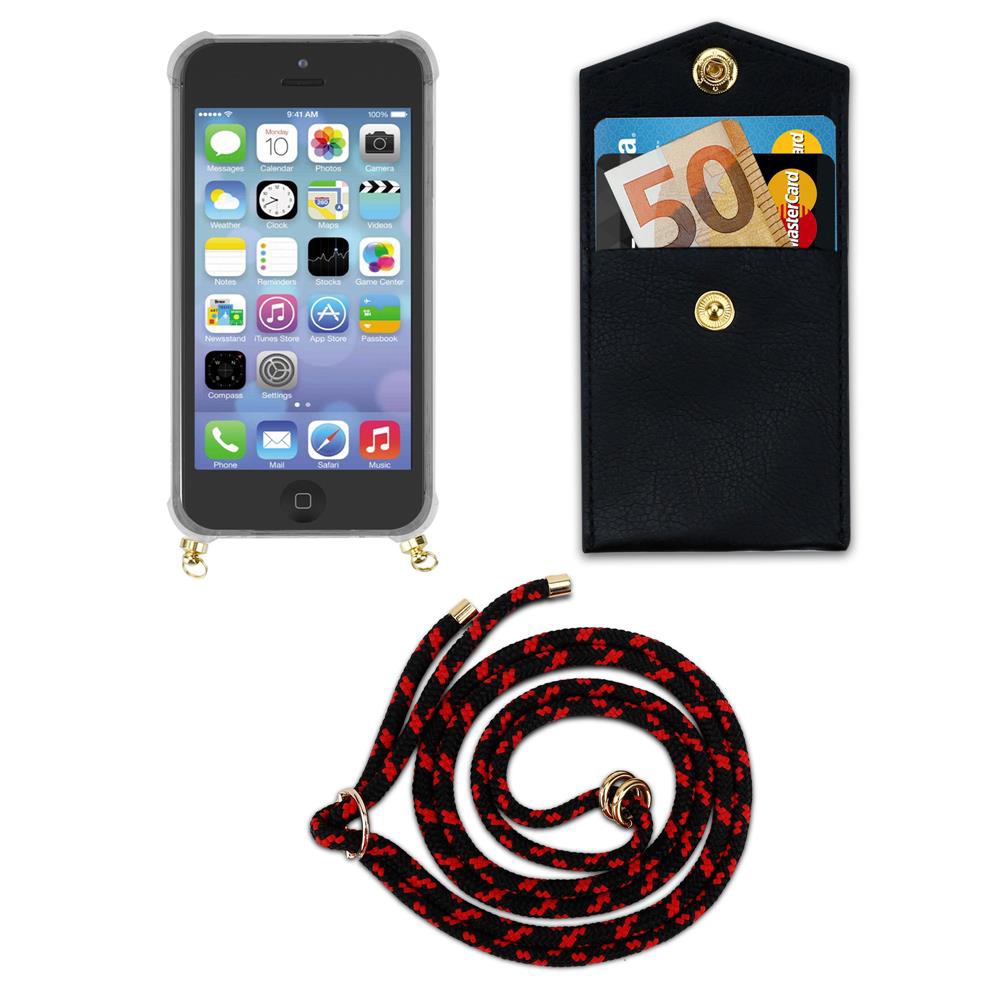 iPhone con app, portafoglio nero con banconota euro e carte, cordino rosso/nero.